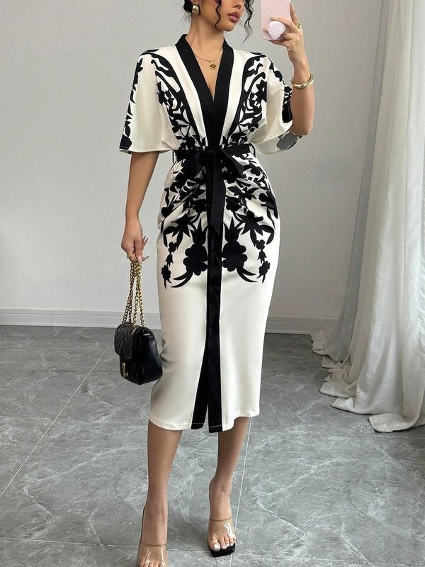 Bianca – Women’s Floral Tie-Waist Midi Dress