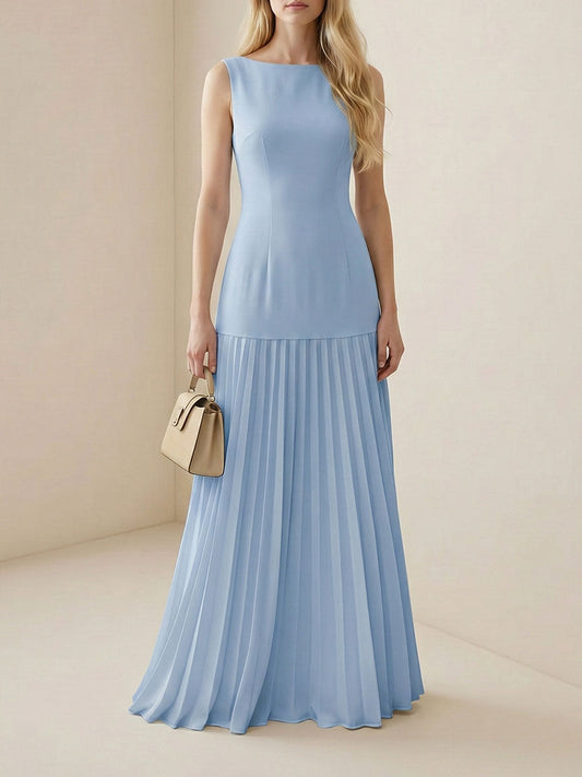 Elena – Women’s Boat Neck Pleated Maxi Dress