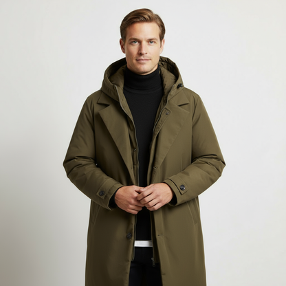 Renzo – Men’s Long Waterproof Hooded Winter Puffer Trench Coat